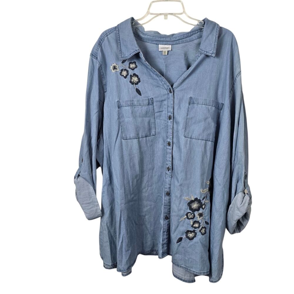 Avenue Plus Size 30/32 Chambray Denim Button Down Shirt Embroidered Floral - Picture 2 of 14